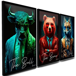 Quadro Mercado Financeiro Touro de Wall Street Urso Lobo Finanças Investimento Motivação Sala Escritório JK