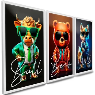 Quadro de Negócios Pequeno Touro de Wall Street Urso Lobo Finanças Investimento Motivação Sala Escritório JK