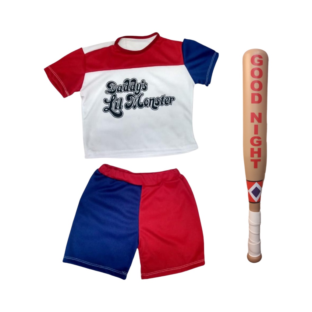 Roupa Infantil Fantasia Arlequina Esquadrão + Taco Good Night
