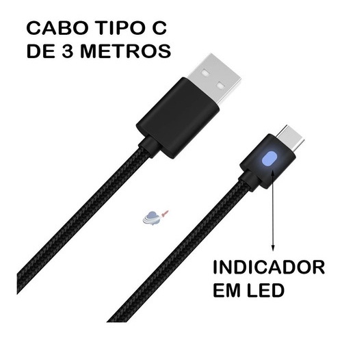 Cabo Carregador Controle Ps5 Xbox Series Usb-C 3 Metros em