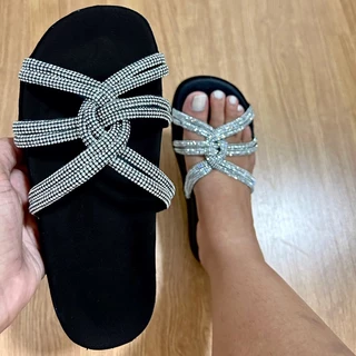 Birken pedraria papete strass blogueiras Virginia Chinelo Femino Luxo Tendência 2023 Verão (B- Marília)