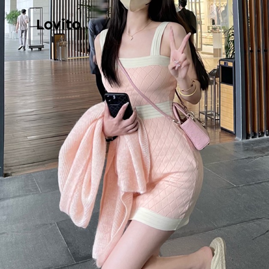 Lovito Minivestido Feminino De Mangas Curtas Casual Simples E Contrastante LNA14023 (Rosa)