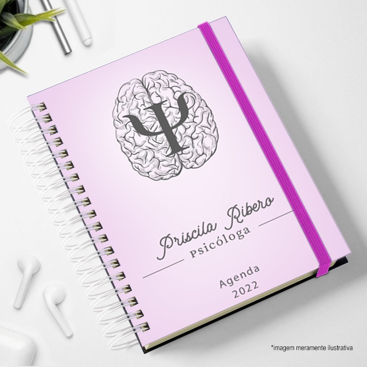 Agenda 2025 rosa com logo psicologia femenina personalizada com nome Profissão Psicóloga pais