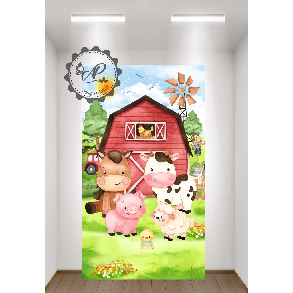 Painel Decoração Retangular Tecido Sublimado Fazendinha Aquarela 1,50x2,20  - Decoração Infantil