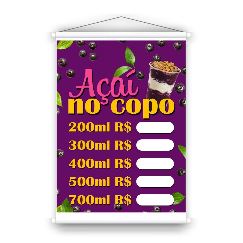 Banner Faixa Placa Tabela de Preços de Açaí mod1 Shopee