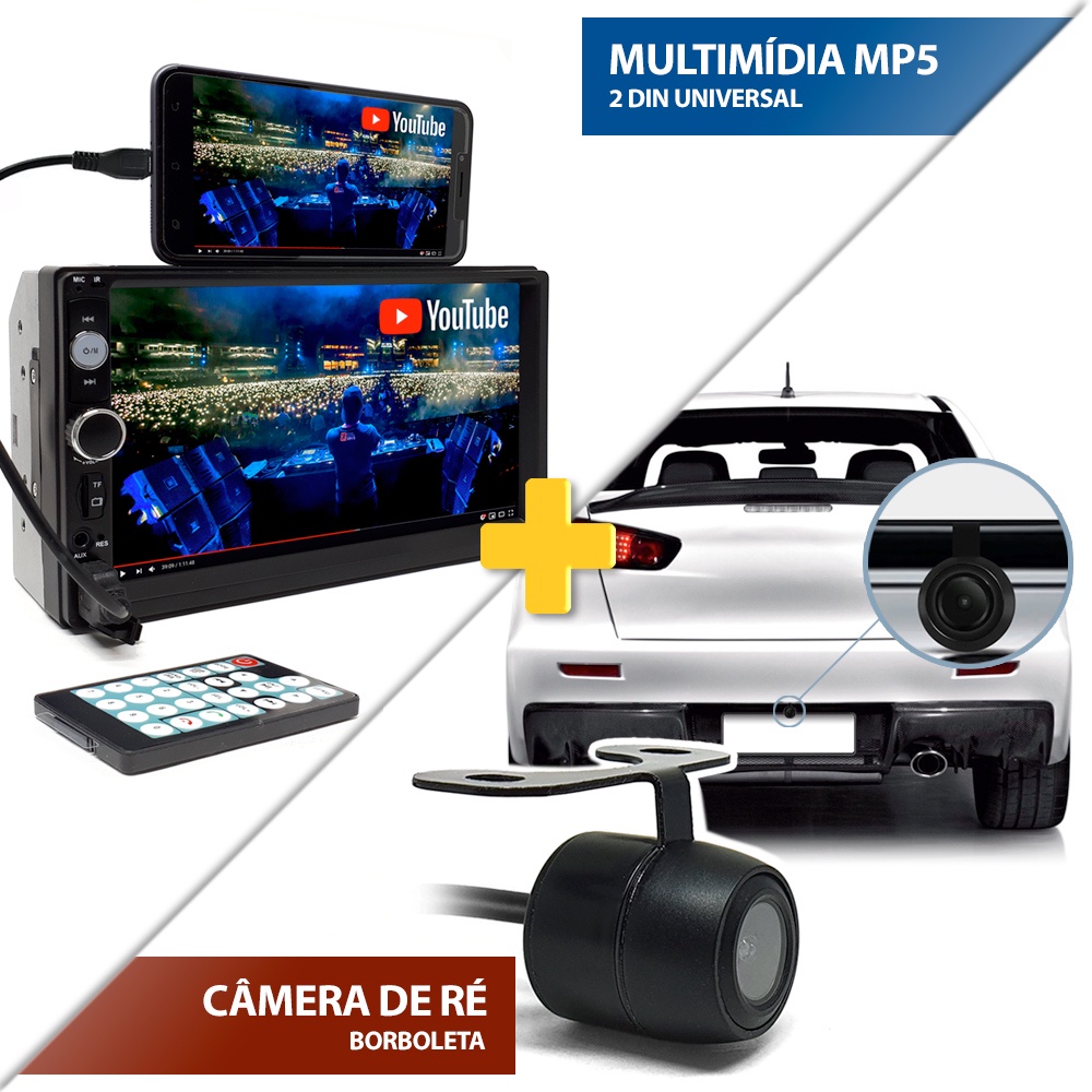 Kit Central Multimídia + Câmera de Ré Peugeot 207 Bluetooth Espelhamento USB Touch 2 Din MP5 SD 7 Polegadas