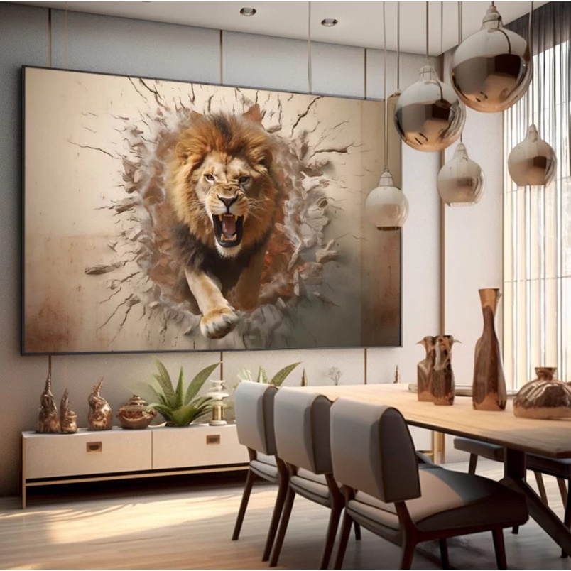 Quadro Decorativo Grande 112x82cm Efeito 3D Leão quebrando parede
