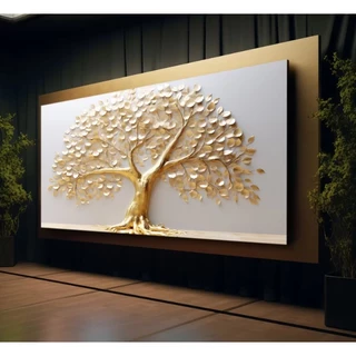 Quadro Decorativo Grande 112x82cm Árvore luxo Gold com folhas brancas