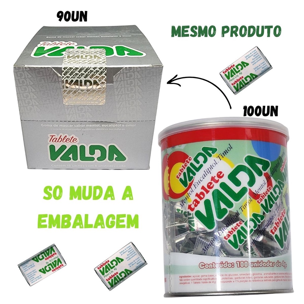 Chiclete Valda Vegano Goma de Mascar, Mentol , Sem Gluten , Valda 15 Saches com 6un