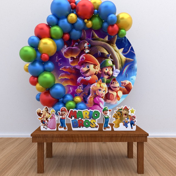 Kit 8 Totem + Painel de Lona Super Mario Filme