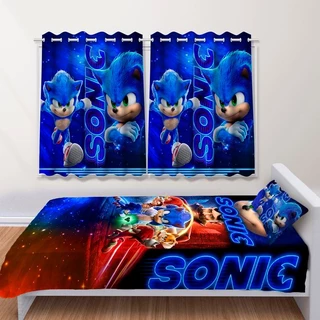 Kit Jogo de Quarto Infantil Cortina Jogo Lençol Cobre Leito Sonic Filme