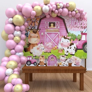 Kit Ouro Personalizado Festa Aniversário Fazendinha Aquarela Rosa Decoração Cenários
