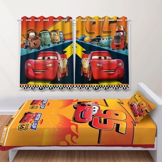 Kit Jogo de Quarto Infantil Cortina Jogo Lençol Cobre Leito carros Amarelo
