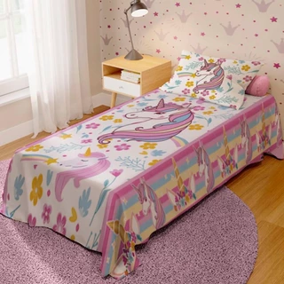 Jogo De Lençol Cobre Leito + Fronha Quarto Infantil Unicórnio Unicornio