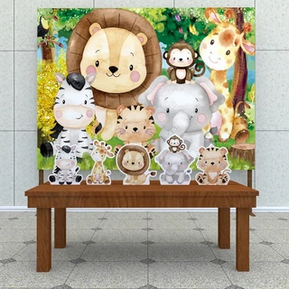 Festa Aniversário Animais Safari Aquarela Decoração Cenários Kit Prata