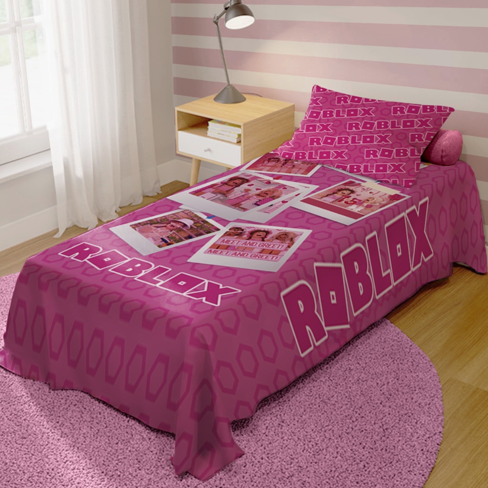 Jogo De Lençol Cobre Leito + Fronha Quarto Infantil Roblox Rosa