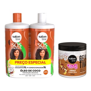 Kit Shampoo e Condicionador Litrão Sos Cachos + Gelatinha Linhaça #todecacho Salon Line