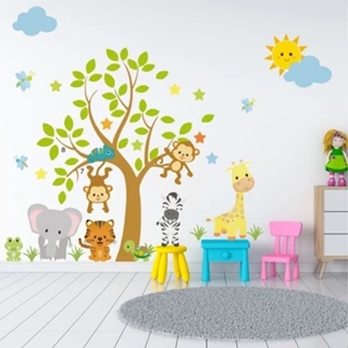 Adesivo De Parede Infantil Arvore Folhas Verdes Animais 042