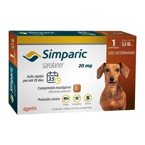 Antipulgas Para Cães Simparic 20mg De 5,1-10kg 3 Comprimidos