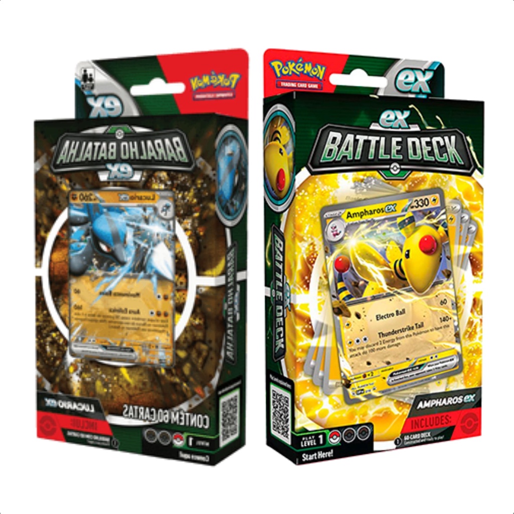 Kit 2 Decks Pokemon TCG Estampas Ilustradas 60 Cards cada Baralho de Batalha EX - Ampharos e Lucario Ultra Raros - 32657