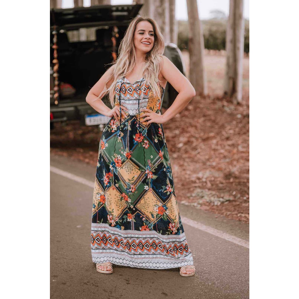 Vestido longo regata com amarração Indiano Moda Boho Hippie Cigana