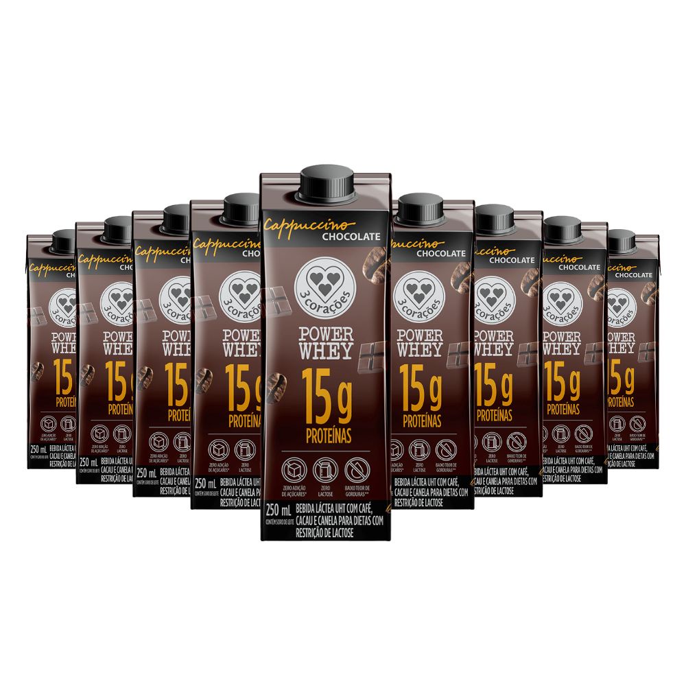 Bebida Proteica Power Whey Cappuccino Chocolate Cream 3 Corações (Cx 12un de 250ML)