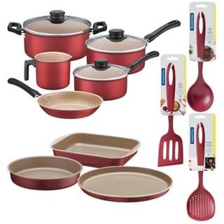 Jogo de Cozinha Caribe Panela Assadeiras Espátula Espumadeira Concha 11 Peças Vermelho Tramontina