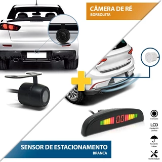 Kit Sensor de Ré Branco + Câmera de Ré Traseira Ford Focus 2010 2011 2012 2013 2014 2015 Estacionamento Aviso Sonoro Display Medidor Distância