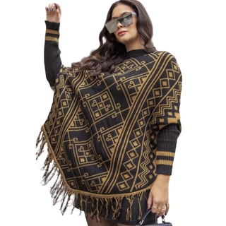 Blusa Poncho Grosso Tricot Trico LÃ Com Manga Longa Com Franja Grosso