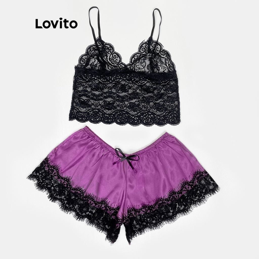 Lovito Conjunto Baby Doll em Renda Slim Fit Sexy Sem Elasticidade