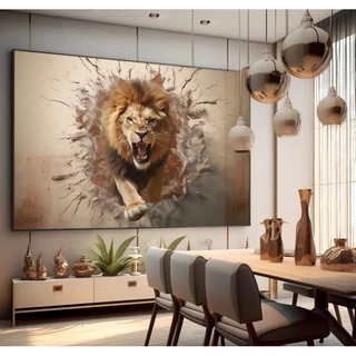 Quadro Decorativo 112x82cm Full HD Efeito 3D Leão quebrando parede
