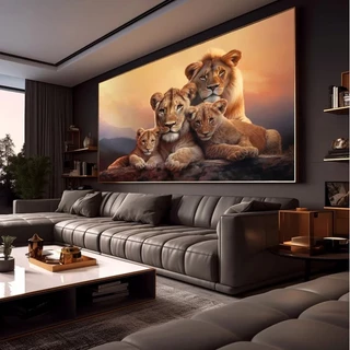 Quadro Decorativo 112x82cm Full HD Família Leão com dois filhotes horizontal