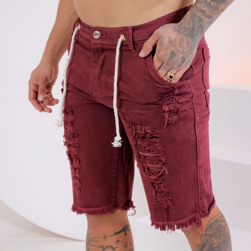 Bermuda Masculina Jeans Destroyed Cor vinho, Artistic Fashion
