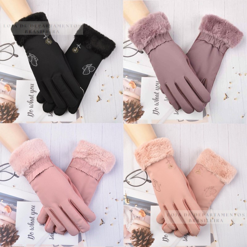 Luvas de inverno feminino tela quente luvas de pele feminina luvas de ...