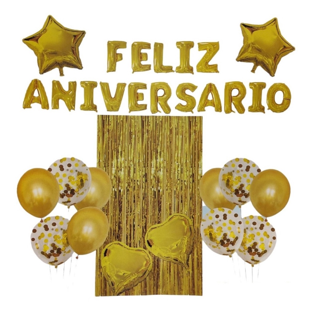 Kit Balão Metalizado e Cortina Metálica Bexigas Nome Feliz Aniversario Dourado