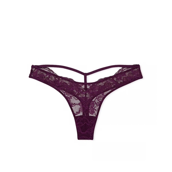 Calcinha Victoria's Secret Shine Strap Cutout Back Lace Thong Panty - Cor  Roxo