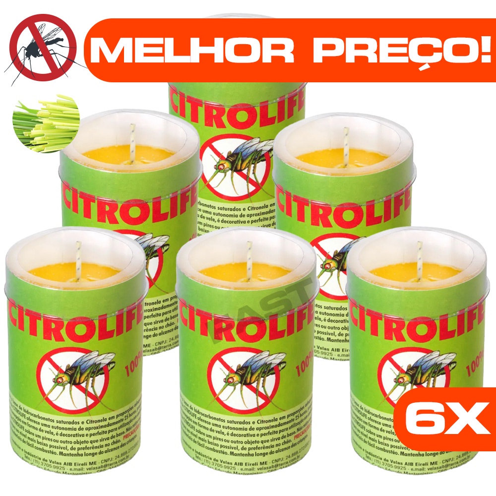 Kit 6 Velas Vela Citronela Citrolife Grande 100g Repelente Natural Espanta Pernilongo Mosquito Borrachudo Insetos Perfumado Decoração Iluminação Casa Cozinha