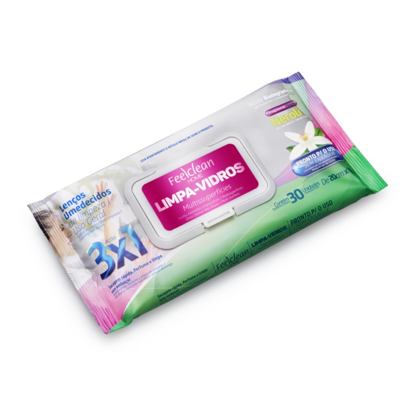 Lenço Umedecido de Limpeza Multissuperfícies FeelClean Home Limpa-vidros c/ 30 unidades
