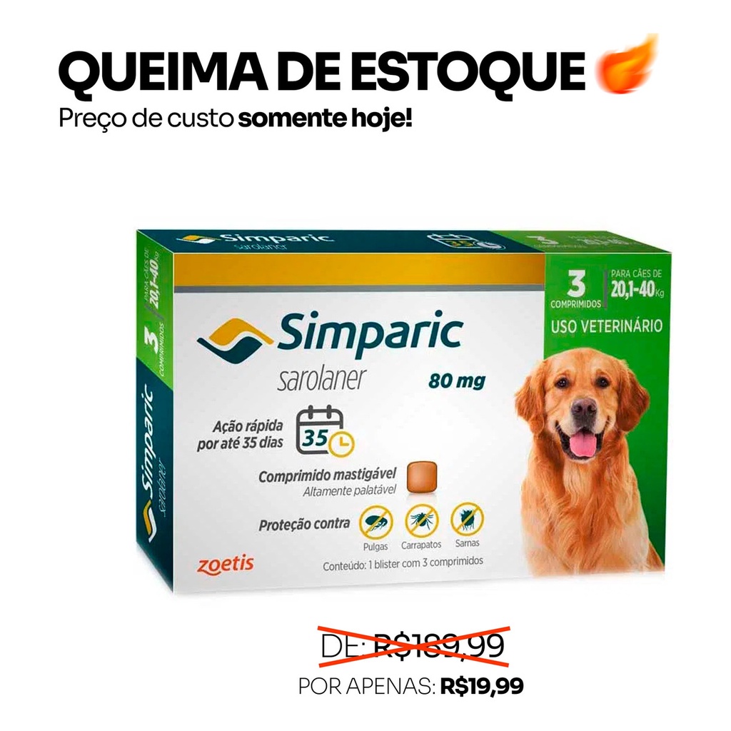 Simparic 80 Mg - 20 A 40 Kg (com 3 Comprimidos) | Shopee Brasil