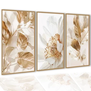 Quadros de Flor Lírio Dourado Mármore Flores Branca Luxo Sala