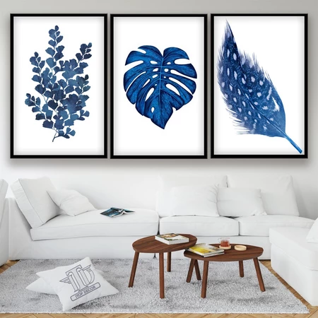 Kit 3 quadros decorativo decoração sala cozinha moderna mosaico 3 peças folhas azul abstrato preta