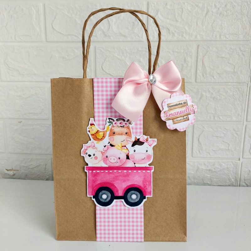 Sacolinha Surpresa Kraft tema Fazendinha Rosa Menina (Fazemos qualquer tema) LEMBRANCINHAS, MIMOS, BRINDES, PERSONALIZADOS FAZENDINHA ROSA