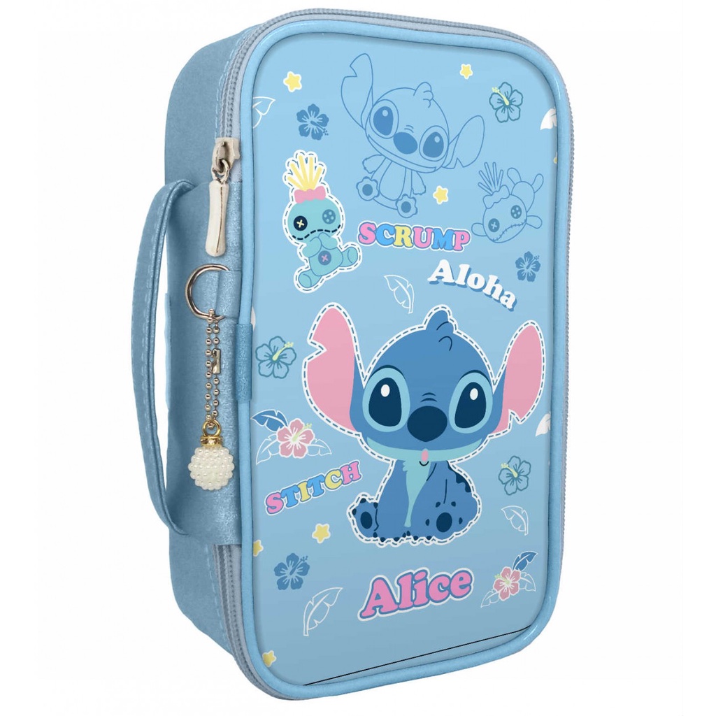 Estojo 50 pens box grande stitch personalizado escolar 22 elasticos canetas