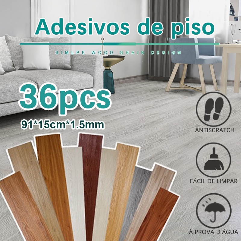 36PC Adesivo de Piso Madeira Moderno Antiderrapante Lavável 91,4x15,2cm vinílico