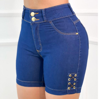 Short Feminino Jeans Ciclista c/ Ilhós Escuro, SHOPPIWEB