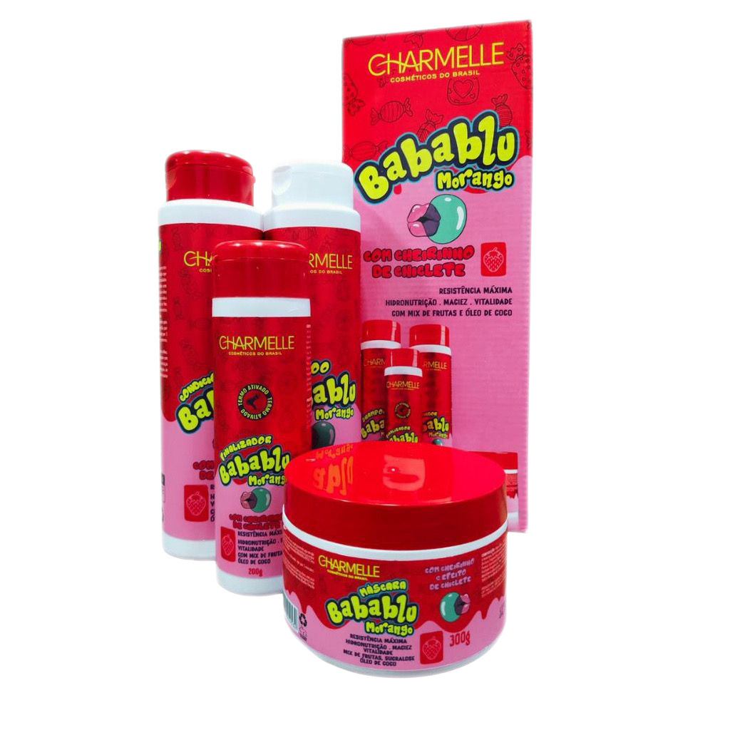 Kit Capilar Babablu Morango Hidronutrição e Maciez Charmelle Cosméticos