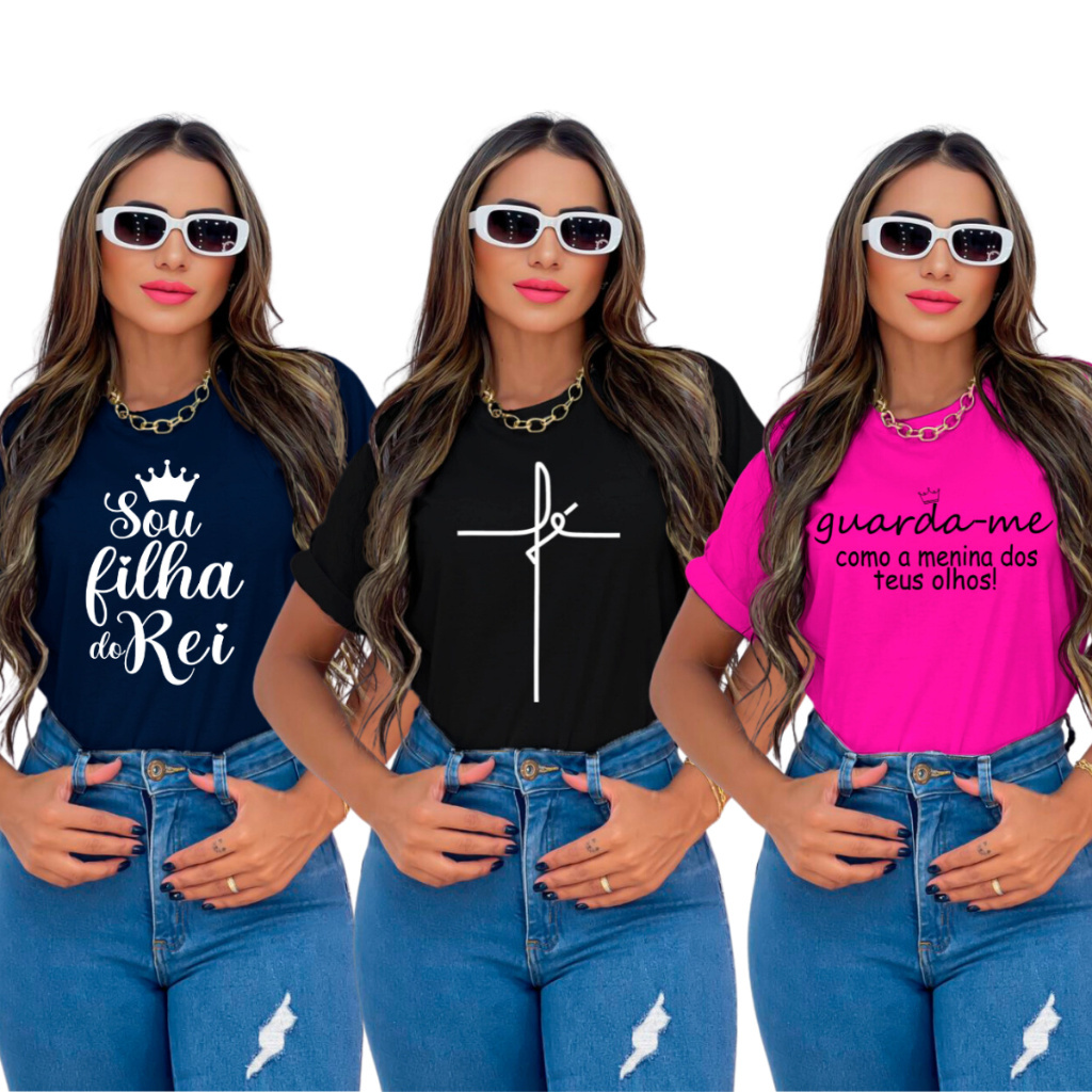 Kit 3 Camiseta T-shirt FEMININA Blusa Leão de Judá – Frases Evangélicas