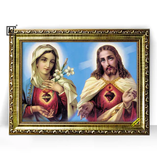 Quadro Moldura Trabalhada Sagrado Coração Maria Jesus 47x35cm