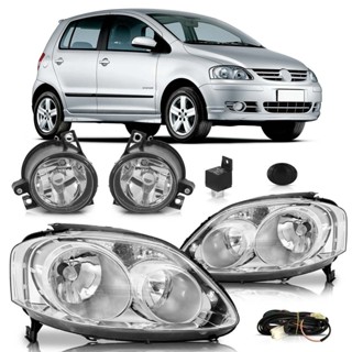 Farol Máscara Cromada Fox 2008 2009 2010 + Kit Farol de Milha Auxiliar Lente Lisa Vidro Foco Manual