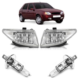 Kit Farol Milha Auxiliar + Lâmpada H1 Fiesta 2000 2001 2002 Lente Lisa Vidro